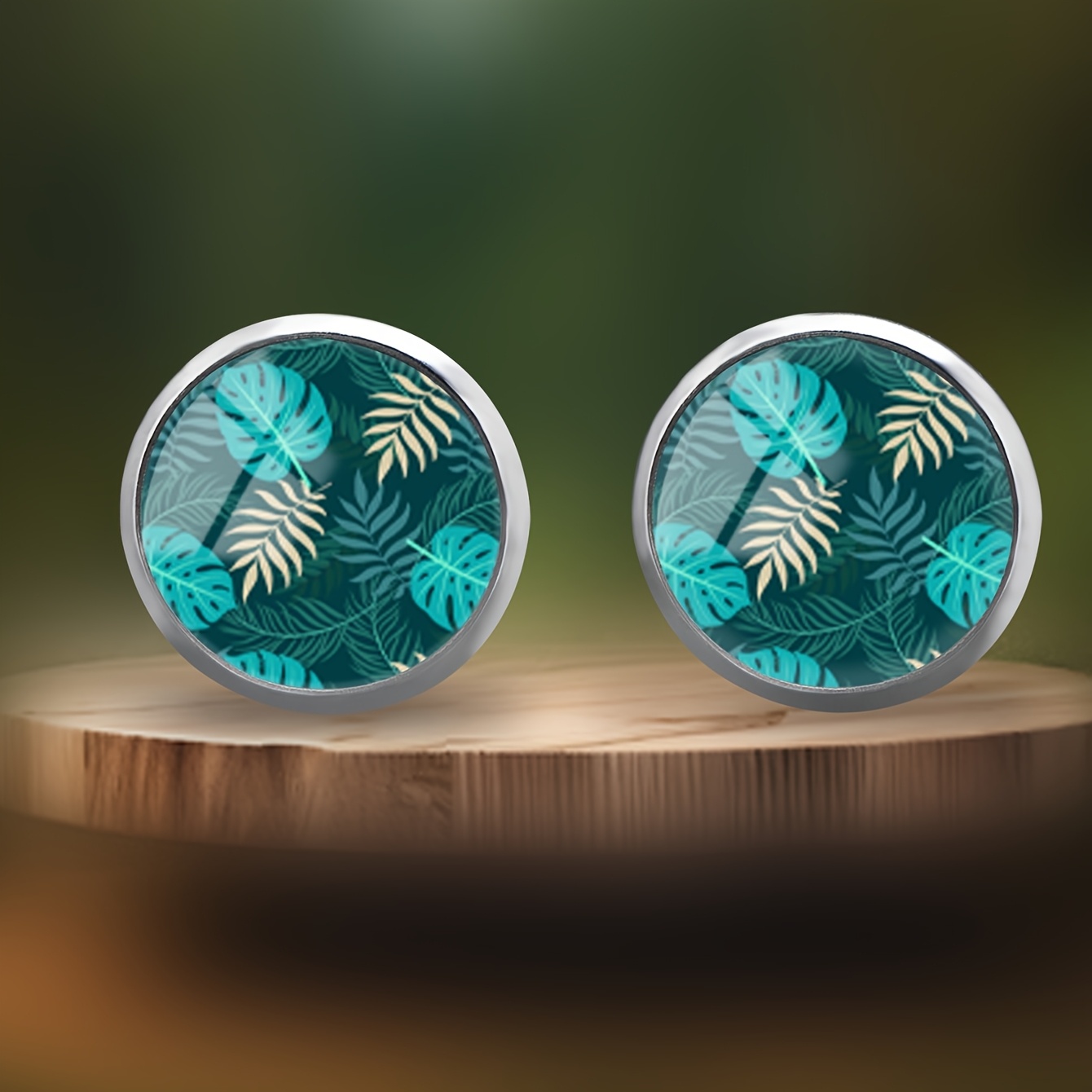 Dark Green Palm Turtle Leaf Pattern Round Ear Studs for Men